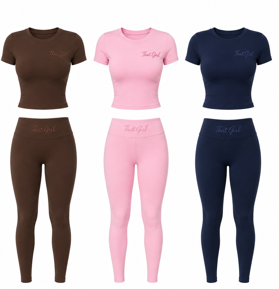Set of colorful athletic wear including t-shirts and leggings on a white background.