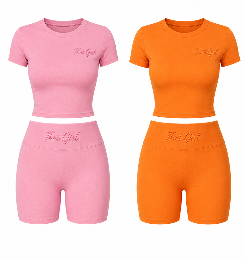 Four sets of colorful outfits in pink, orange, brown, and pink on a white background.